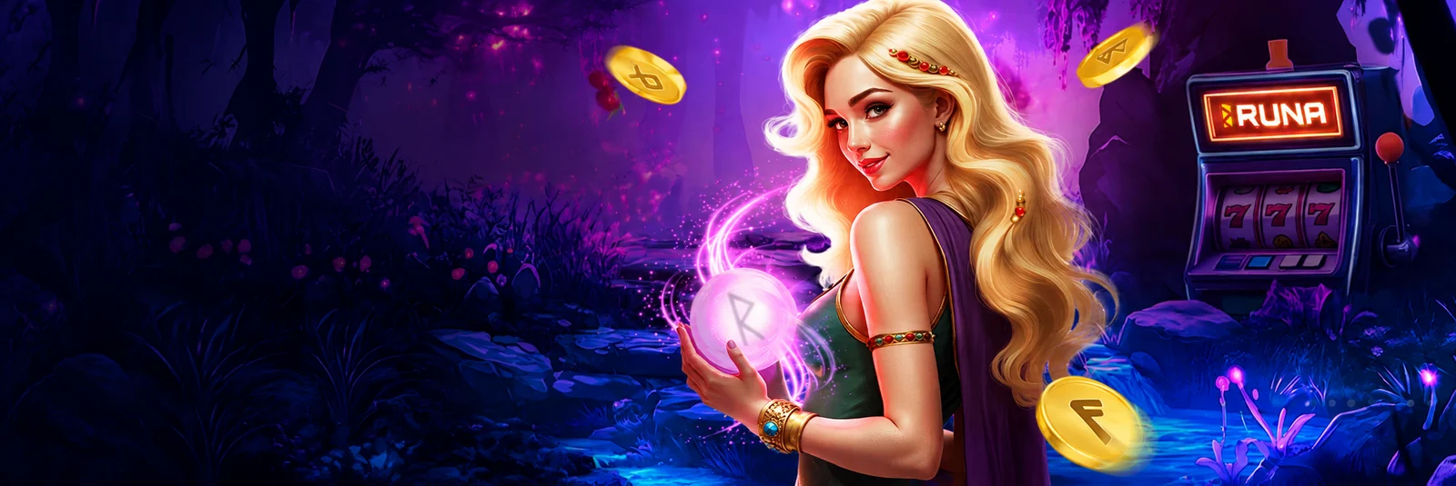 Banner di Runa Casino a tema rune nordiche con maga e sfera luminosa, pacchetto di benvenuto su tre depositi fino a 1.500 euro e 450 giri gratis senza requisiti per l'Italia