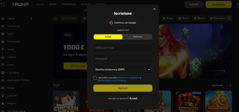 Registrazione a Runa Casino con email o Google e catalogo di slot e giochi per l'Italia